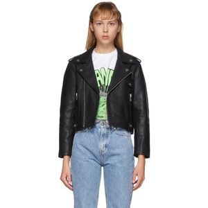 Ganni Cropped Black Leather Motorcycle Jacket